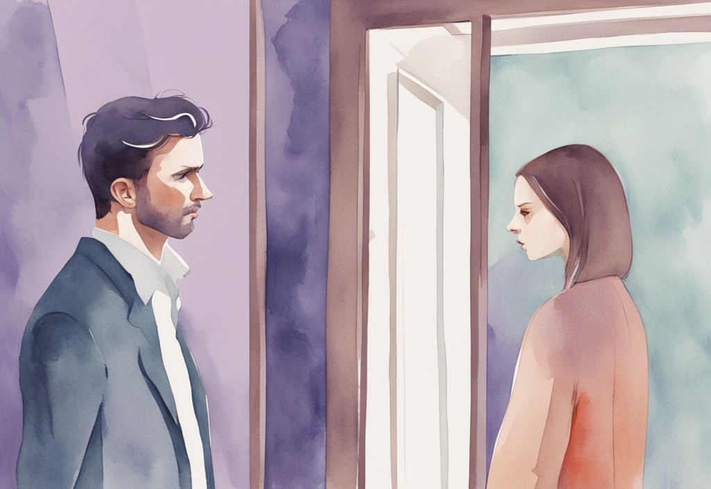 Minimalistic lavender watercolor illustration of a man gazing at his reflection in a mirror, ignoring a hurt woman beside him.