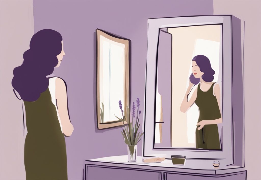 Minimalistic watercolor illustration of a narcissist wife admiring her reflection in a mirror with an indifferent husband in the background, lavender color theme.