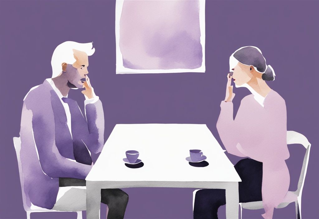 Minimalistic lavender watercolor illustration of conversational narcissism, showing one person dominating and interrupting the discussion while the other appears frustrated and ignored.