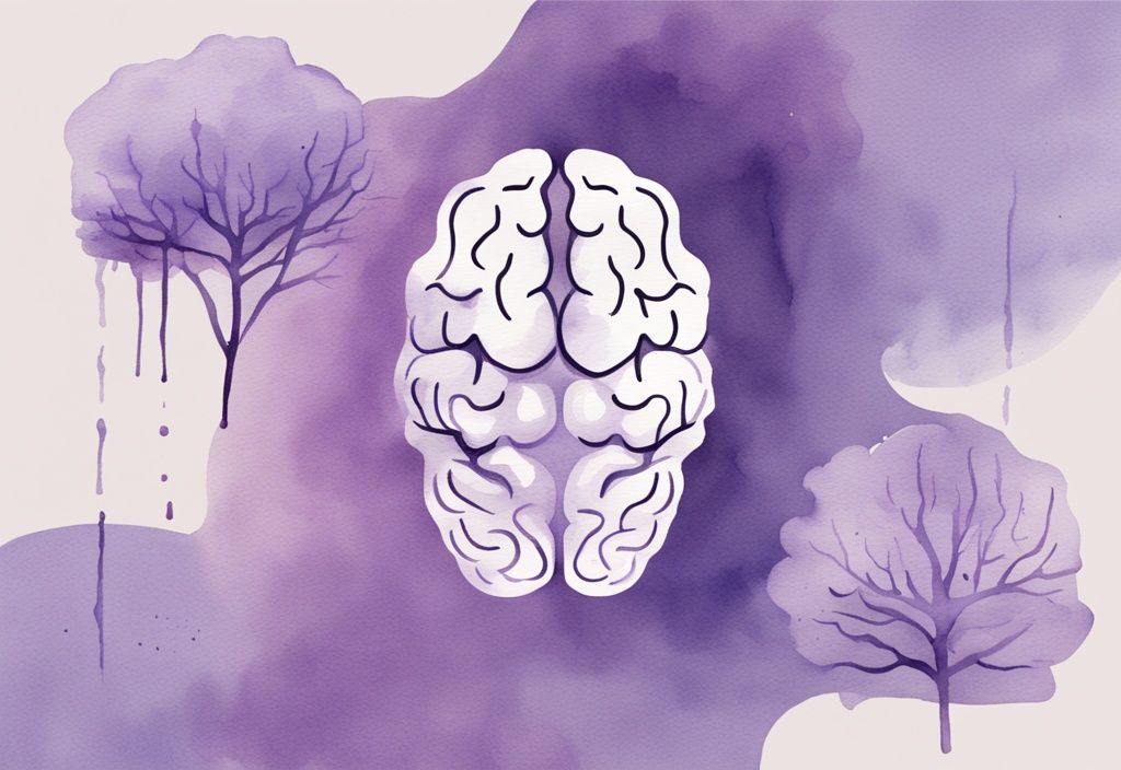 Minimalistic watercolor illustration of a human brain with lavender hues, highlighting damaged areas with contrasting colors and ripple effects.