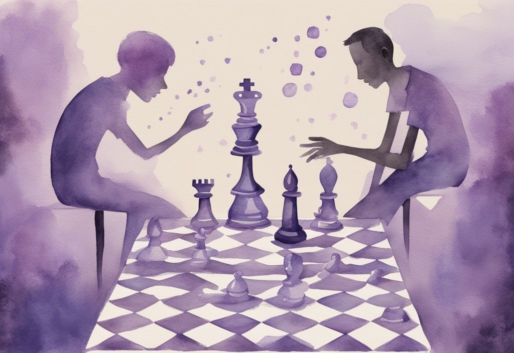 Minimalistic watercolor illustration of a chessboard with lavender theme, player with smug expression making a move, 14 chess pieces engraved with manipulation symbols.