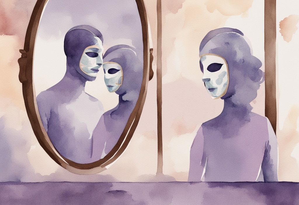 Minimalistic watercolor illustration of a woman suspiciously observing her husband hiding behind a charming mask in a mirror, lavender color theme.