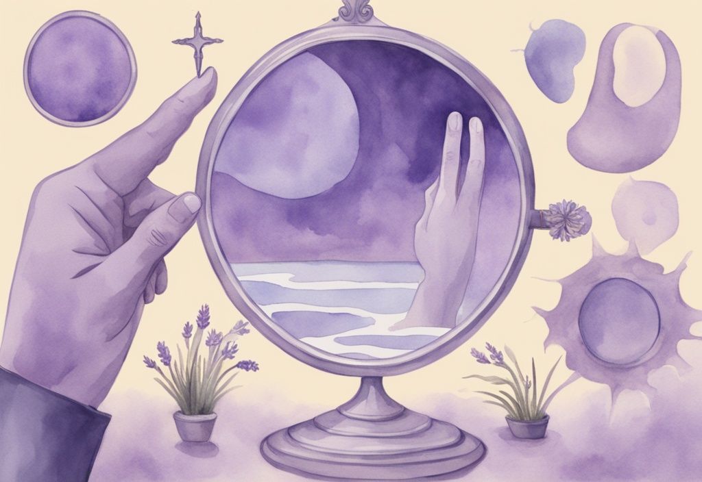 Minimalistic lavender watercolor illustration of a divine hand pointing to a mirror reflecting a distorted narcissist with 16 floating symbols.