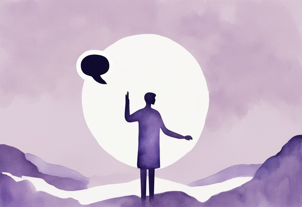 Minimalistic watercolor illustration with lavender theme showing a confident person holding a speech bubble with conversation lines, disarming a frowning narcissistic character; 50 phrases to disarm a narcissist.