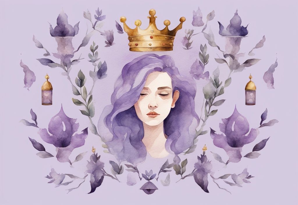 Minimalistic watercolor illustration in lavender theme portraying famous people with narcissistic personality disorder, accented with symbols like royal crowns and mirrors.