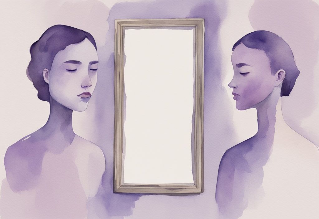 Minimalistic lavender watercolor illustration of a mirror reflecting 10 traits of a narcissist with exaggerated facial expressions.