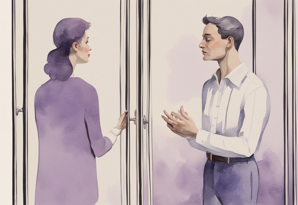 Minimalistic watercolor illustration of a woman demonstrating mirror mechanisms to a perplexed man, keyword how to confuse a narcissist, lavender color theme.