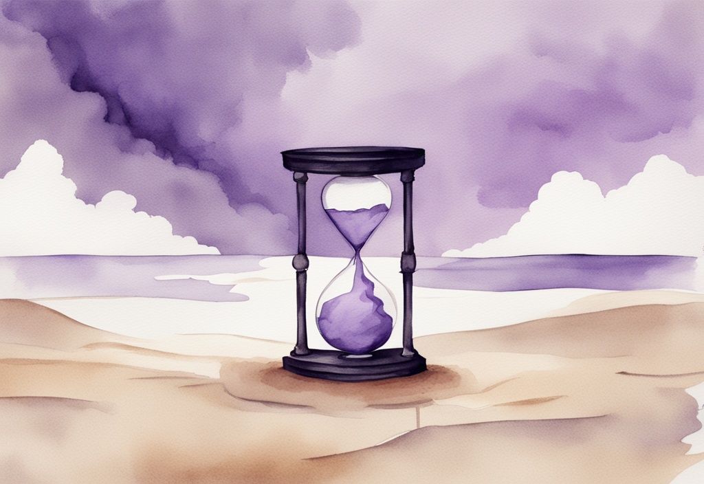 Minimalistic lavender watercolor illustration of an hourglass with a storm inside, symbolizing the duration of narcissistic rage; how long does narcissistic rage last.