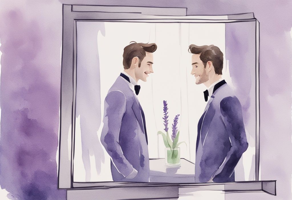 Minimalistic lavender watercolor illustration of a covert narcissist husband, showing a man smiling in a mirror while his true reflection smirks.