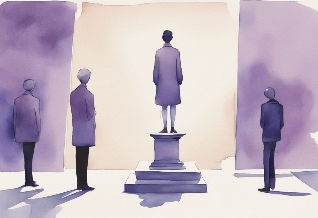 Minimalistic watercolor illustration of a person on a pedestal gazing into a mirror with admiration, surrounded by others looking up in awe, lavender color theme