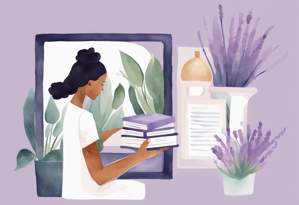 Minimalistic watercolor illustration of a stylish person admiring their reflection in a mirror, holding books on self-improvement and self-love, lavender color theme.