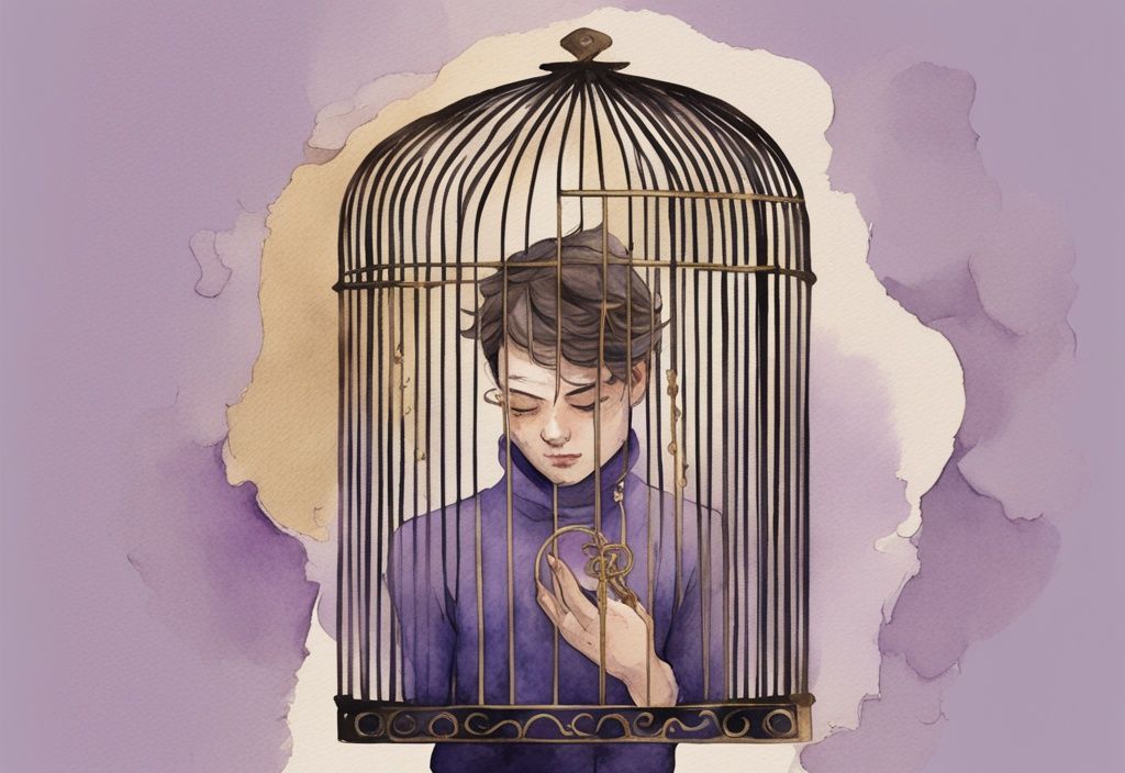 Minimalistic lavender watercolor illustration of a person in a gilded cage, gazing out, with a narcissistic figure holding the cage's key in the background.