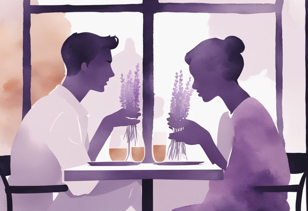 Minimalistic watercolor illustration of a couple at a restaurant, one person admiring their reflection in a spoon, am I dating a narcissist theme, lavender color scheme.