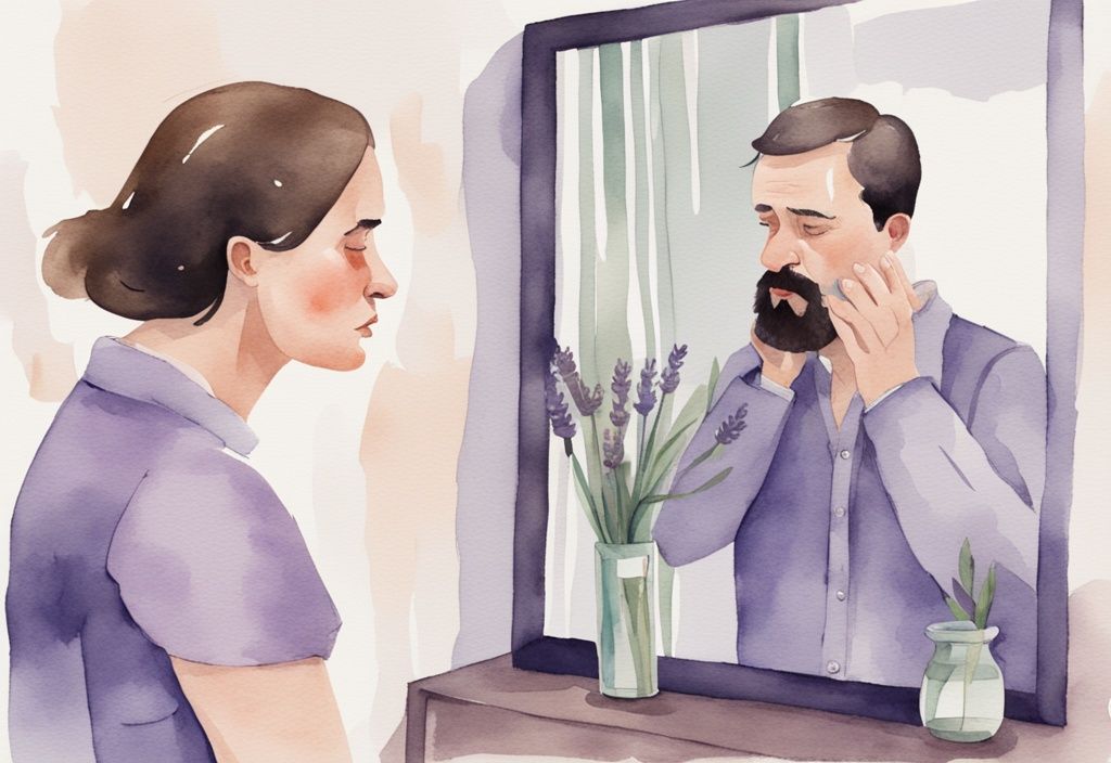 Minimalistic watercolor illustration depicting the effects of being married to a narcissist wife; an exhausted man and his nonchalant wife looking at herself in a mirror, with a lavender color theme.