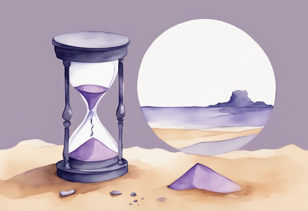 Minimalistic watercolor illustration in lavender featuring an hourglass symbolizing time, and a shattering mirror reflecting a pained self-image, exploring the theme of how long does narcissistic collapse last.