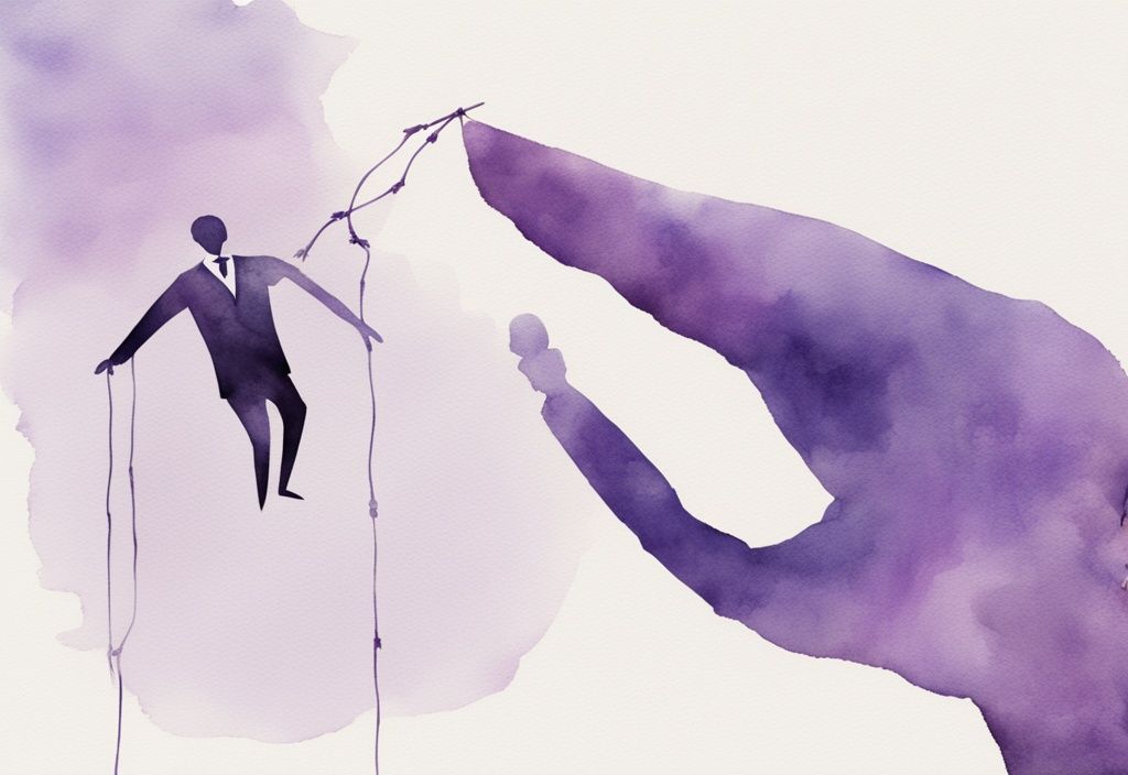 Minimalistic watercolor illustration of a person breaking free from puppet strings, symbolizing liberation from control, with a lavender color theme.