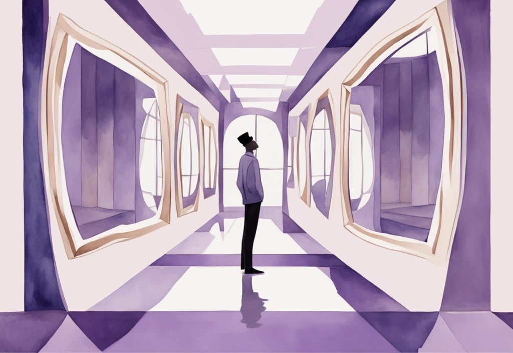 Minimalistic lavender watercolor illustration of a person admiring their reflection in multiple mirrors showcasing exaggerated achievements and grand status.