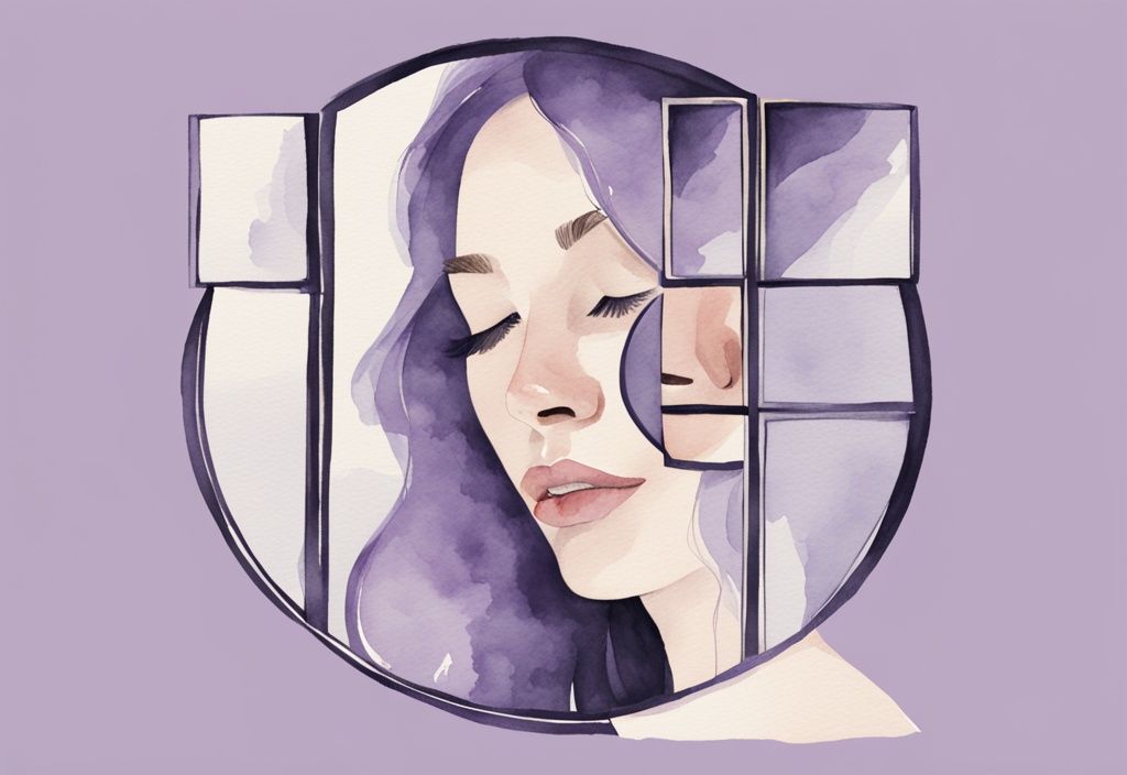 Minimalistic watercolor illustration of a woman with lavender tones looking into a multiple-lens mirror, each lens highlighting different narcissistic traits.