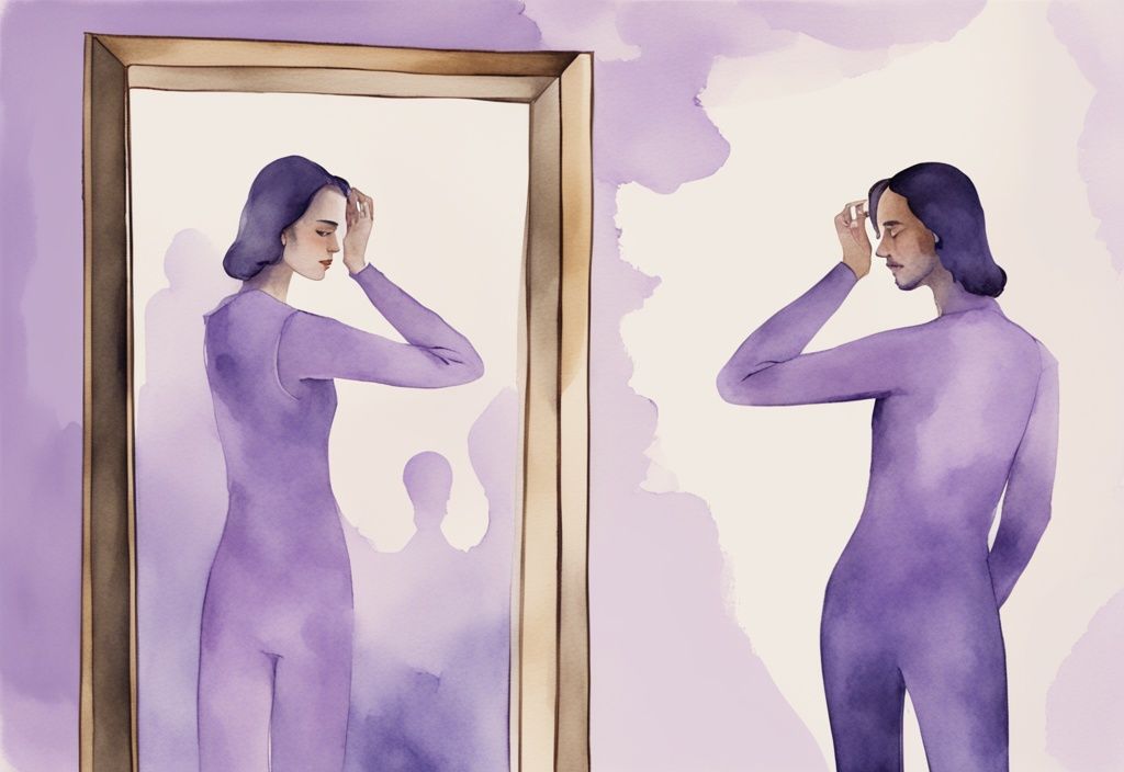 Minimalistic watercolor illustration of a person in a powerful pose admiring themselves in a mirror, lavender color theme