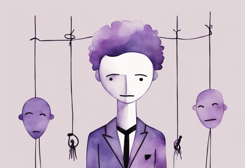 Minimalistic watercolor illustration of a manipulative person with puppet strings controlling distressed individuals, lavender color theme