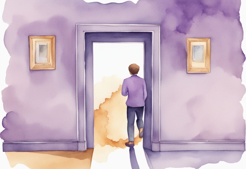 Minimalistic lavender watercolor illustration of a person magnifying breadcrumbs leading to a mirrored door, symbolizing a narcissist's breadcrumb trail.