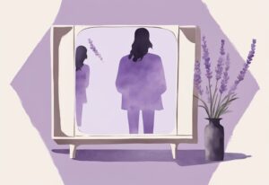 Minimalistic lavender watercolor illustration of a narcissist gazing in a mirror, oblivious to danger signs around them, signs a narcissist is going to kill you.