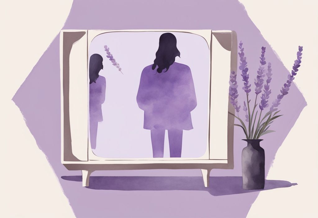 Minimalistic lavender watercolor illustration of a narcissist gazing in a mirror, oblivious to danger signs around them, signs a narcissist is going to kill you.