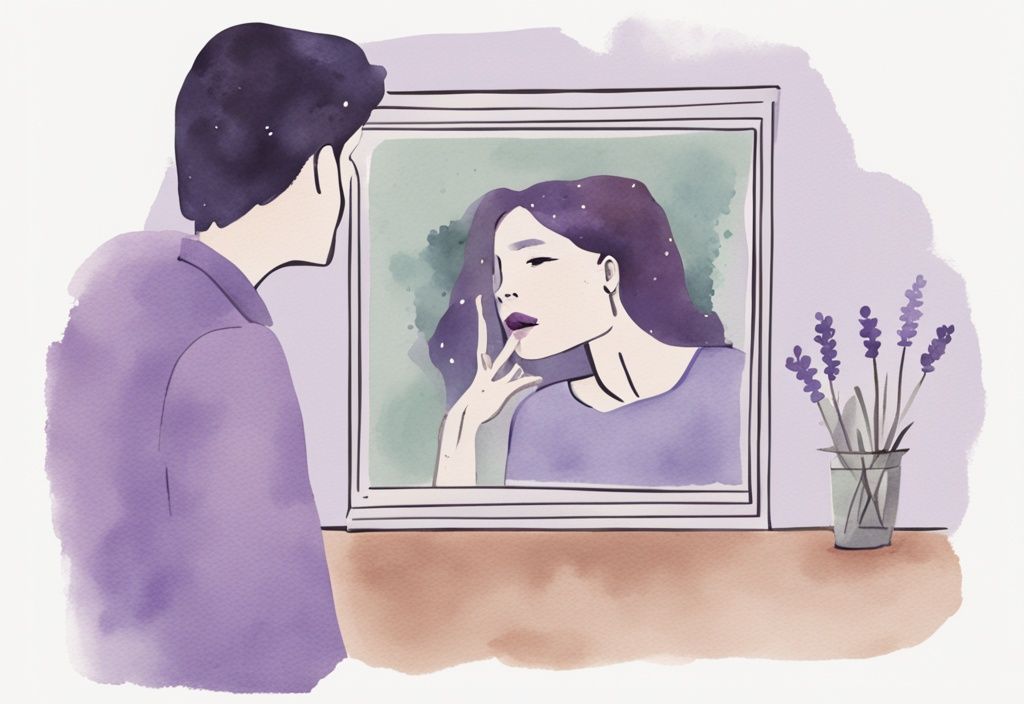 Minimalistic lavender watercolor illustration of a distressed face in a mirror with 'toxic traits' etched, oblivious partner cheerfully interacting in the background, am i toxic in my relationship