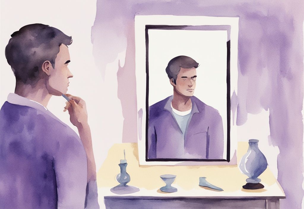 Minimalistic lavender watercolor illustration of a man with a puzzled expression looking at his reflection in a mirror, exploring the question: does a narcissist know they are a narcissist.