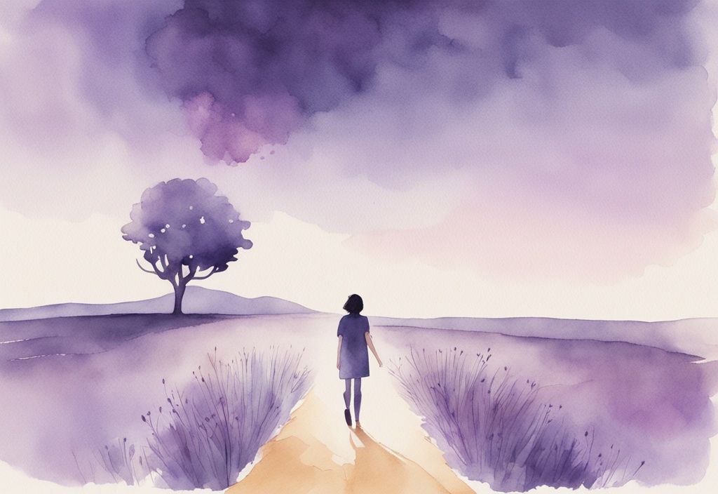 Minimalistic watercolor illustration of a young adult stepping out of a shadowy figure symbolizing a codependent mother, moving towards a beam of light representing independence and self-growth in lavender tones.